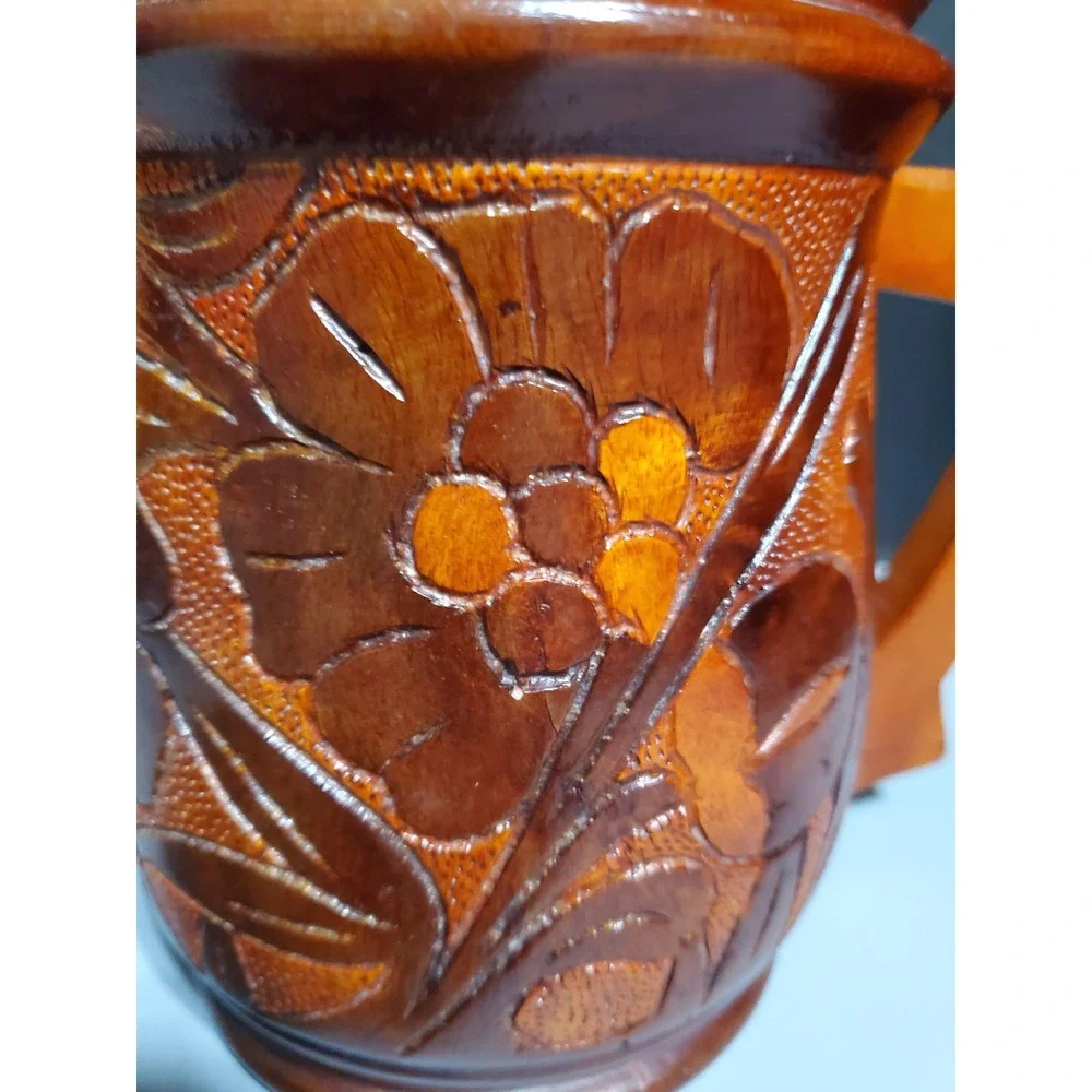 Hand‎ Carved Wood Teapot with Lid Rustic Floral Design Decorative Accent Piece